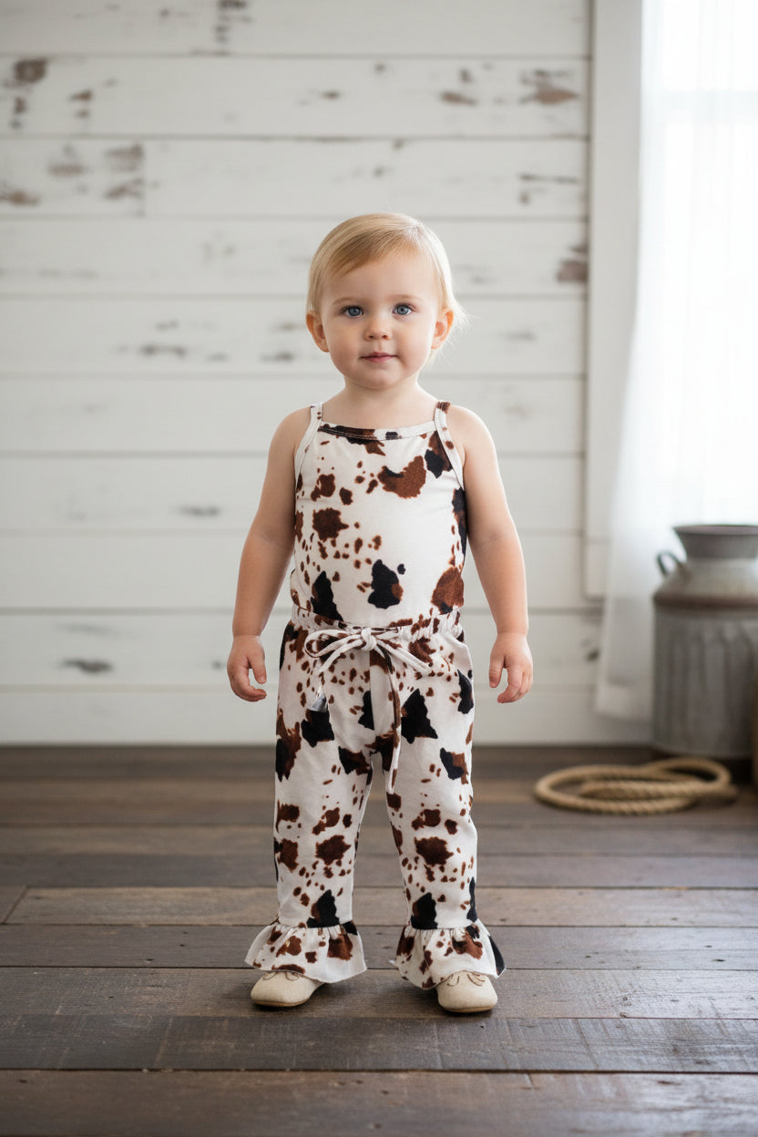 Adorable Cow Print Romper for your little cowgirl—this Cowgirl Jumpsuit is the perfect choice for birthdays, special events, or everyday fun! 🤠😍