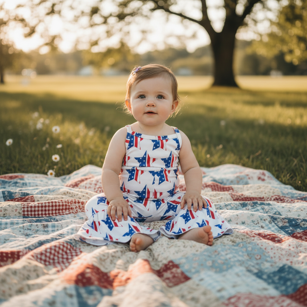 baby girl sitting on blanket wearing baby girls american jumpsuit, 4th of july outfit