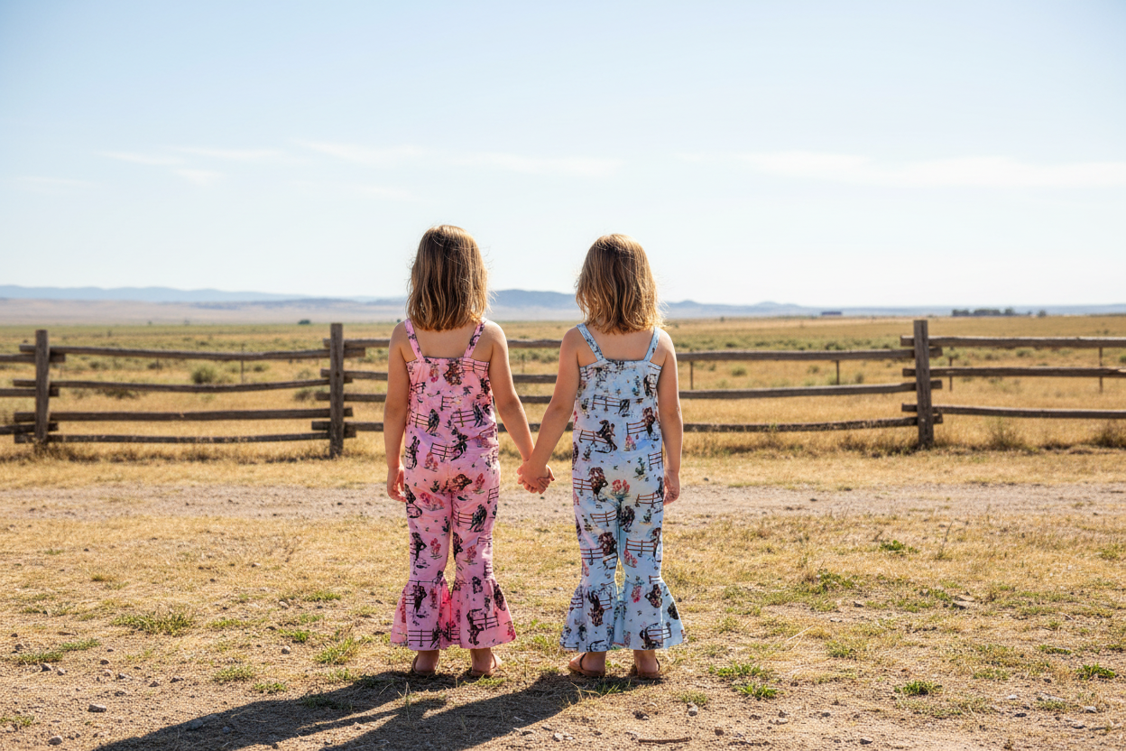 Two girls holding hands in cowgirl western rompers standing in a field with a wooden fence and clear sky.