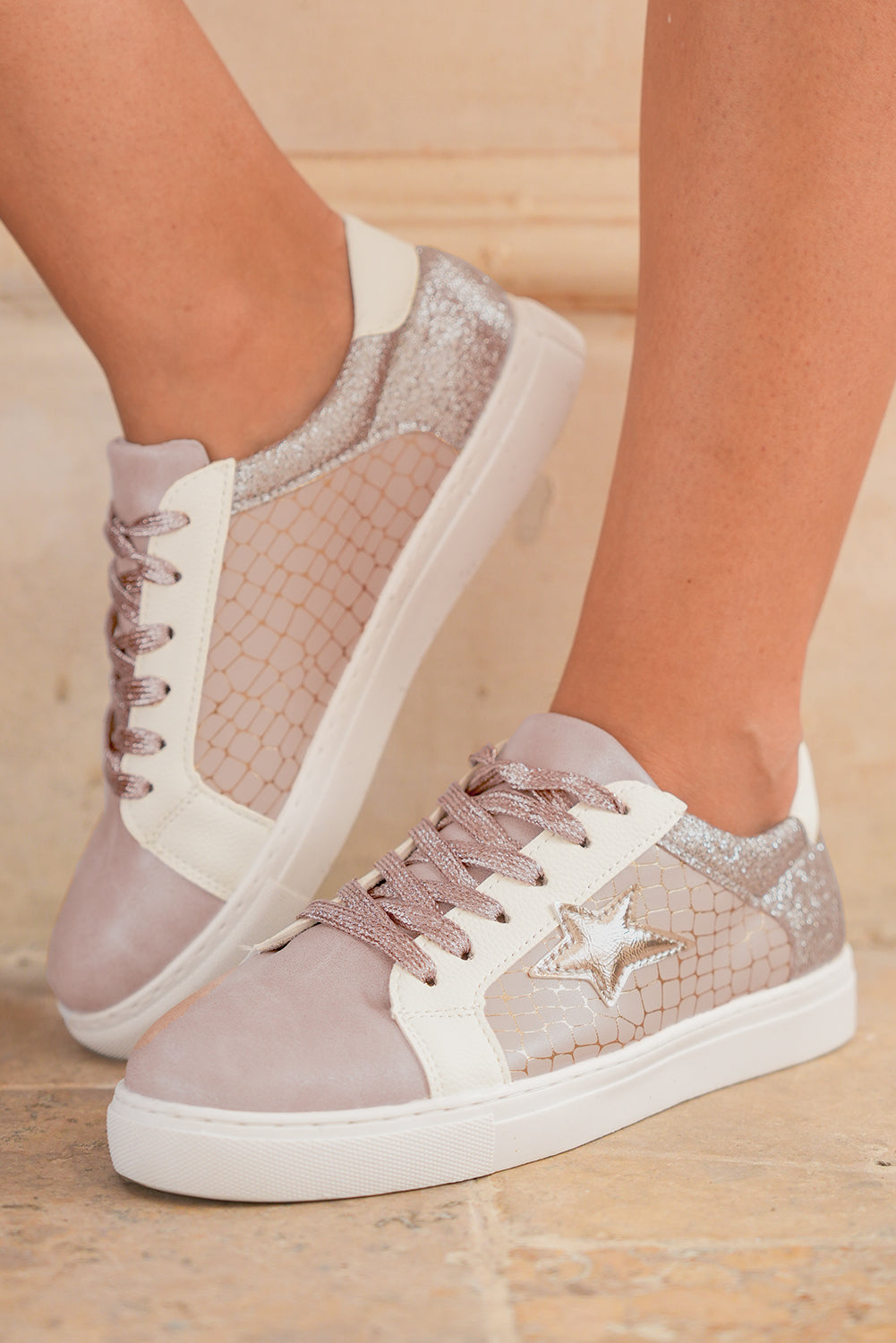 Gold Glitter Star Patchwork Sneakers, Lace-Up Shoes for a Sparkly Casual Look