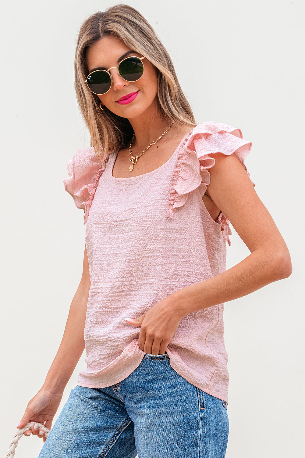 Coquette Bow Blouse, Pink Gossamer Bow Knot Butterfly Sleeve Blouse, Women's Summer Blouse