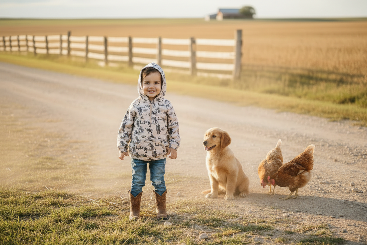 boy standing in road with dog and chickens wearing Kids Vintage Cowboy Pullover, Western Quarter Zip Hoodie, Rodeo Sweatshirt