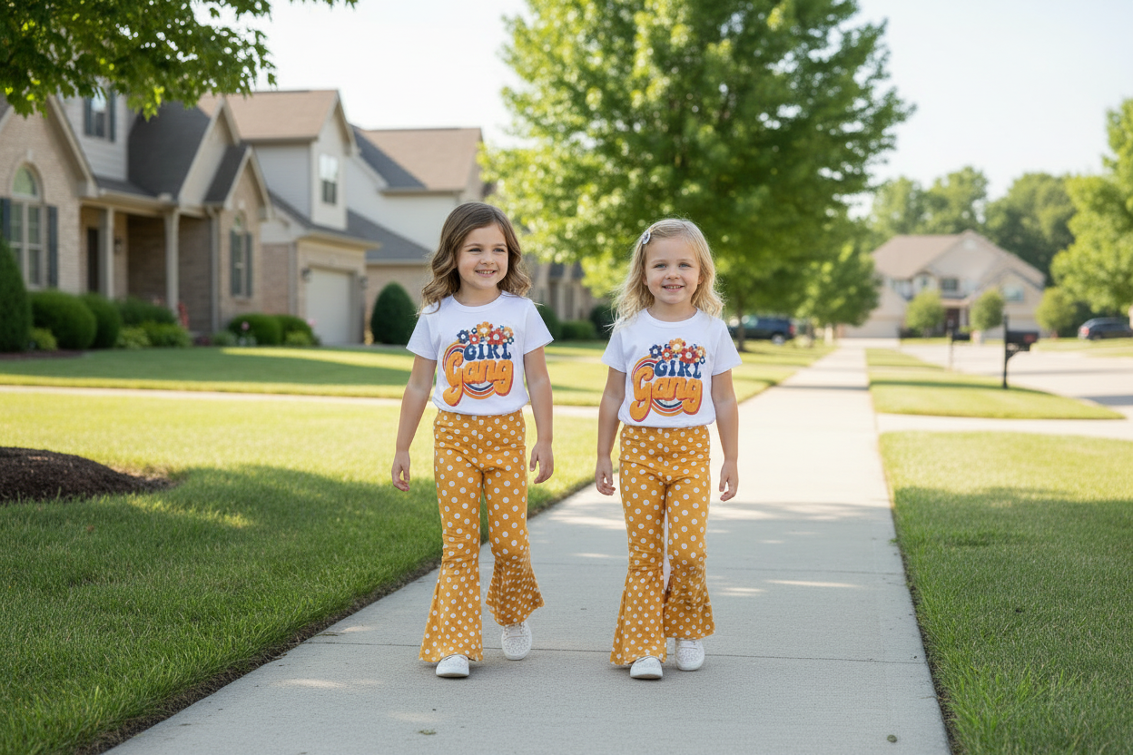 two Girls wearing Gang Shirt and Yellow Polka Dot Bell Bottom Outfit – walking down their residential street