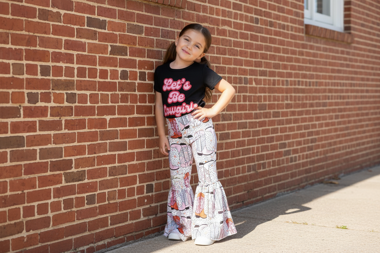 girl wearing Let's be Cowgirls Tee and Cowgirl Boot Bell Bottoms outfit leaning against a brick wall