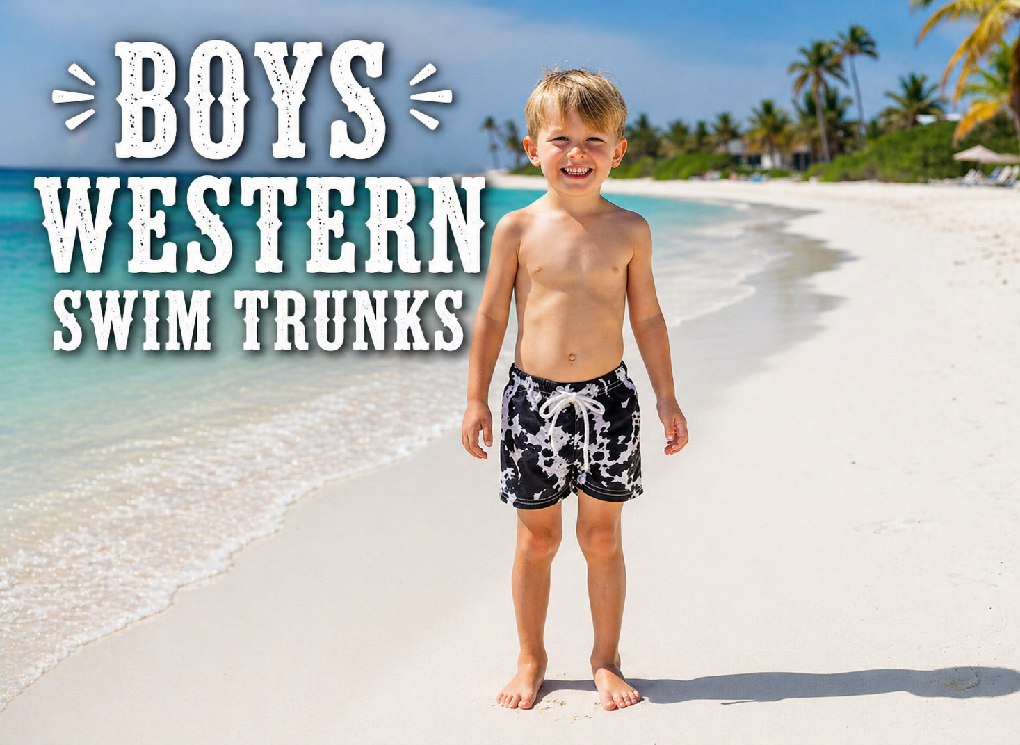 Young boy in black cow hide swim trunks standing on a sandy beach with text 'Boys Western Swim Trunks'.