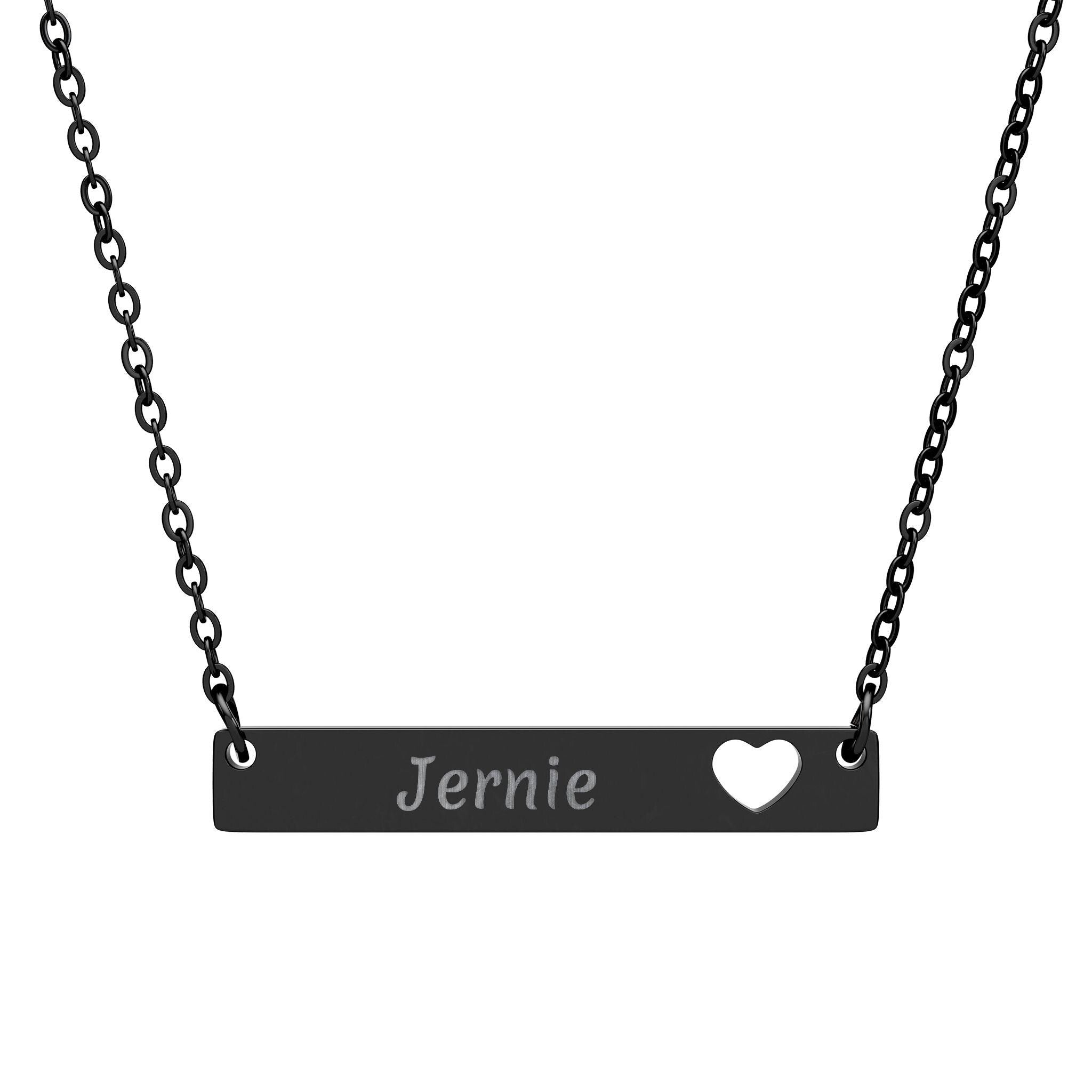Black necklace with a bar pendant engraved with 'Jernie' and a heart symbol on a white background.