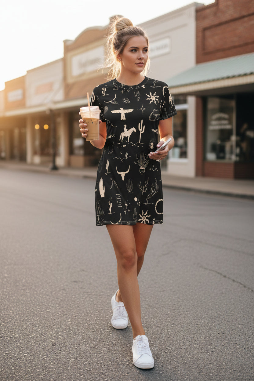 Black t-shirt dress with white desert-themed graphics worn by a model walking down the street