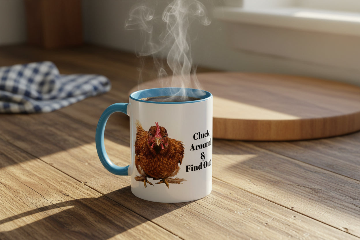 Mug with a chicken illustration and text Cluck around and find out on country kitchen counter