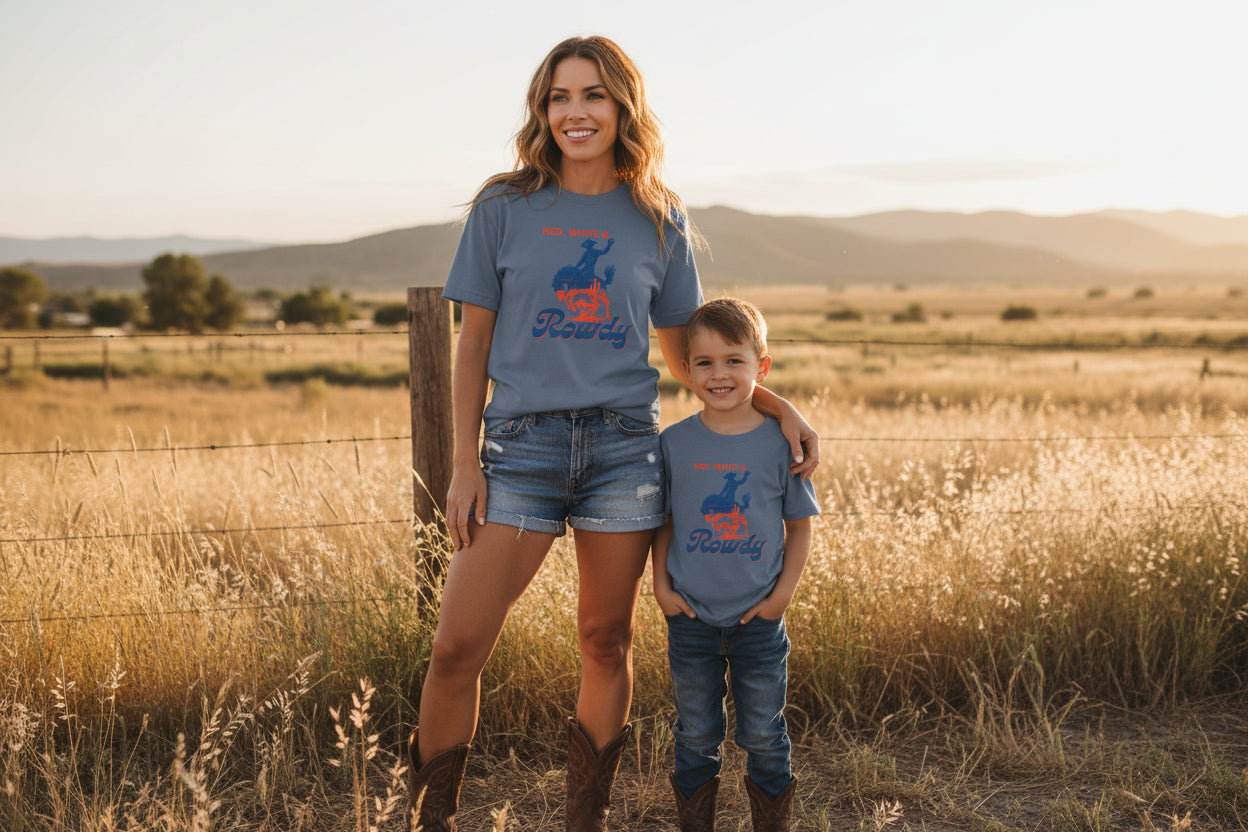 Kids and family matching tshirts Red, White & Rowdy Cowboy Tee -Razels