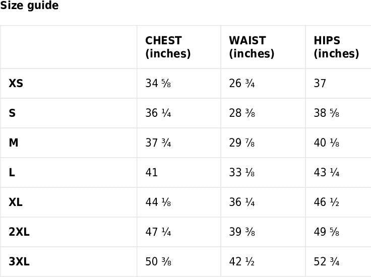 Size chart for clothing measurements in inches