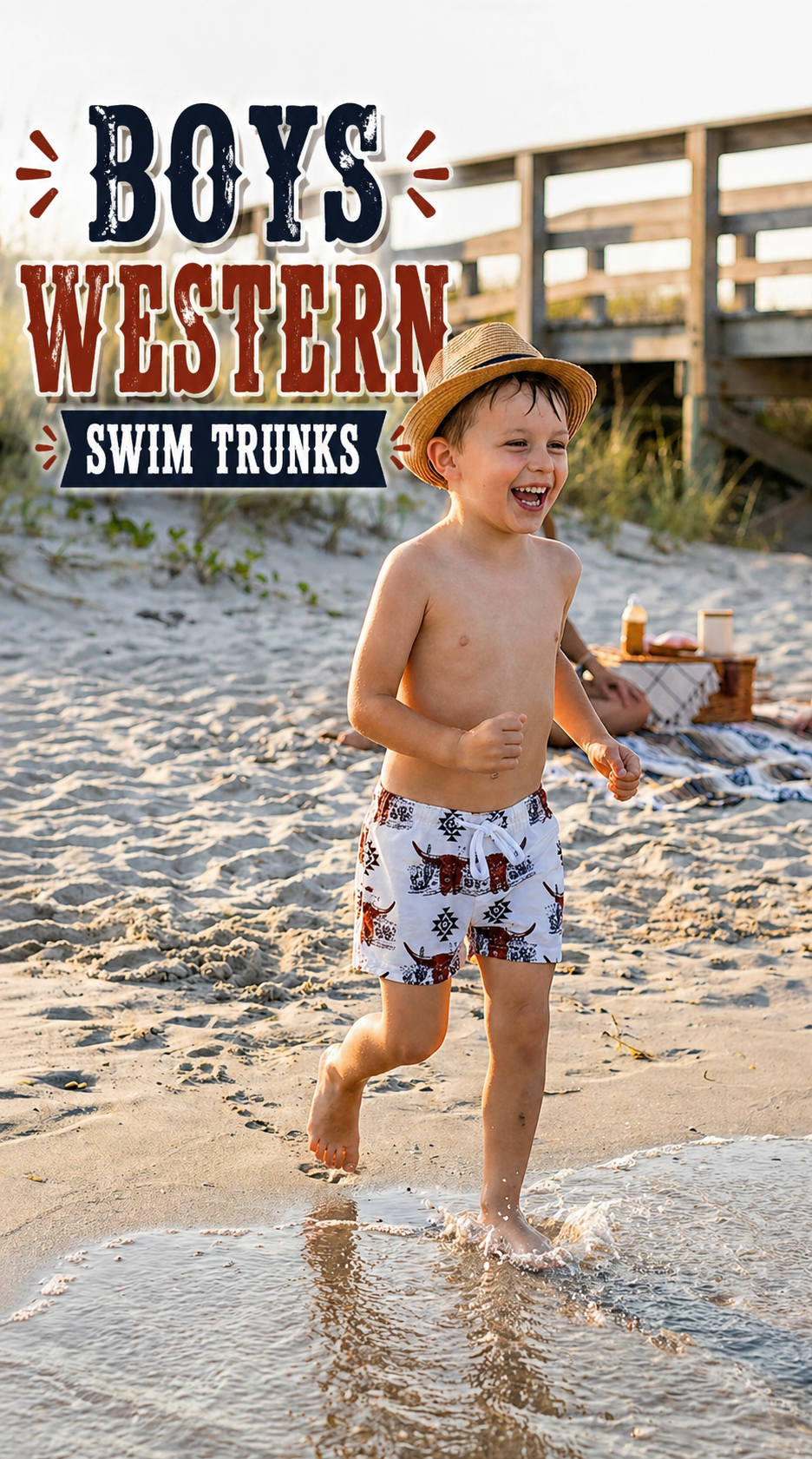 boy running through water wearing razels longhorn aztec swim trunks. SWIM TRUNKS HAVE DRAWSTRING WAIST AND LONGHORN STEERS AND AZTEC DESIGNS. OVERLAY SAYS BOYS WESTERN SWIM TRUNKS