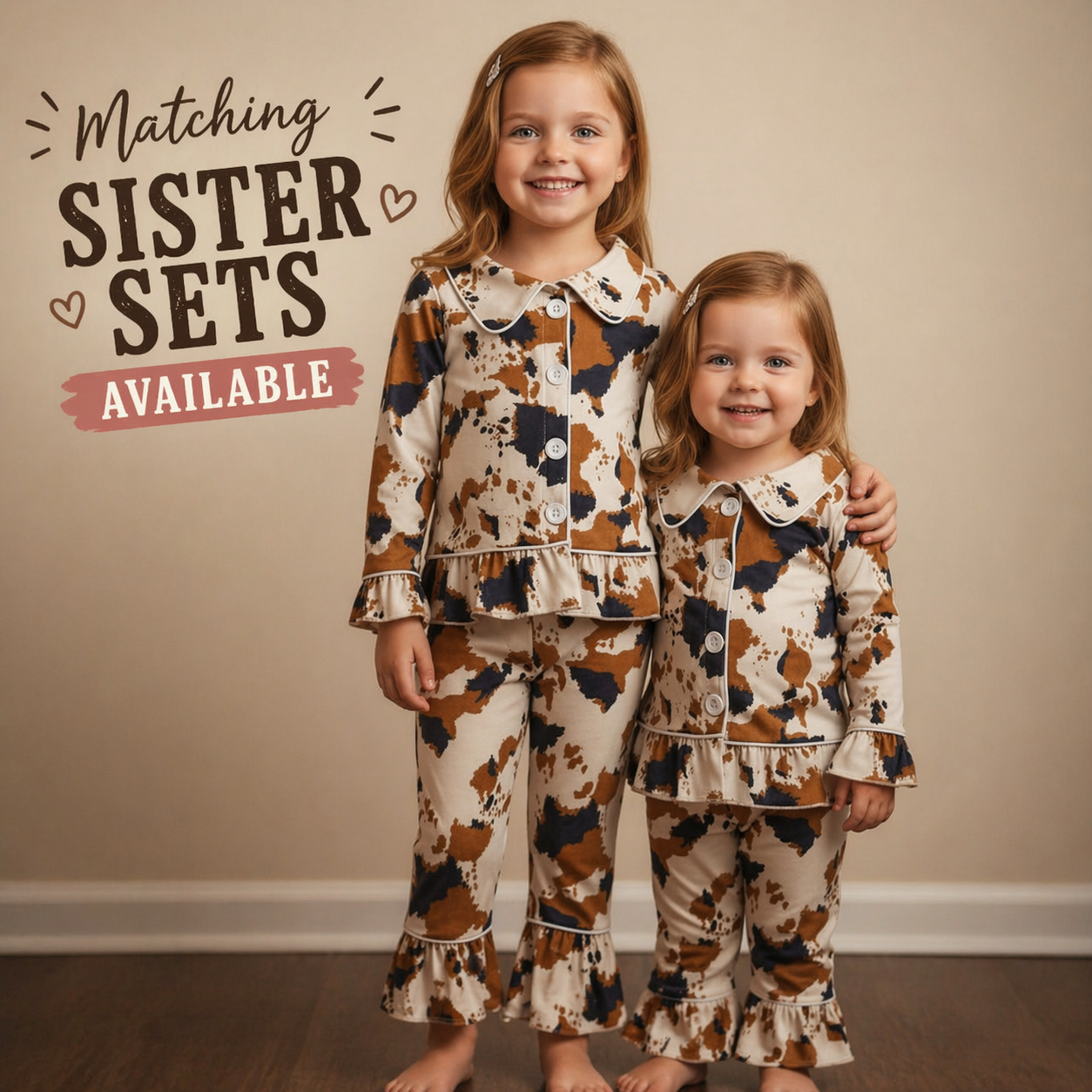 Two children wearing matching pajama sets with text about available sister sets.