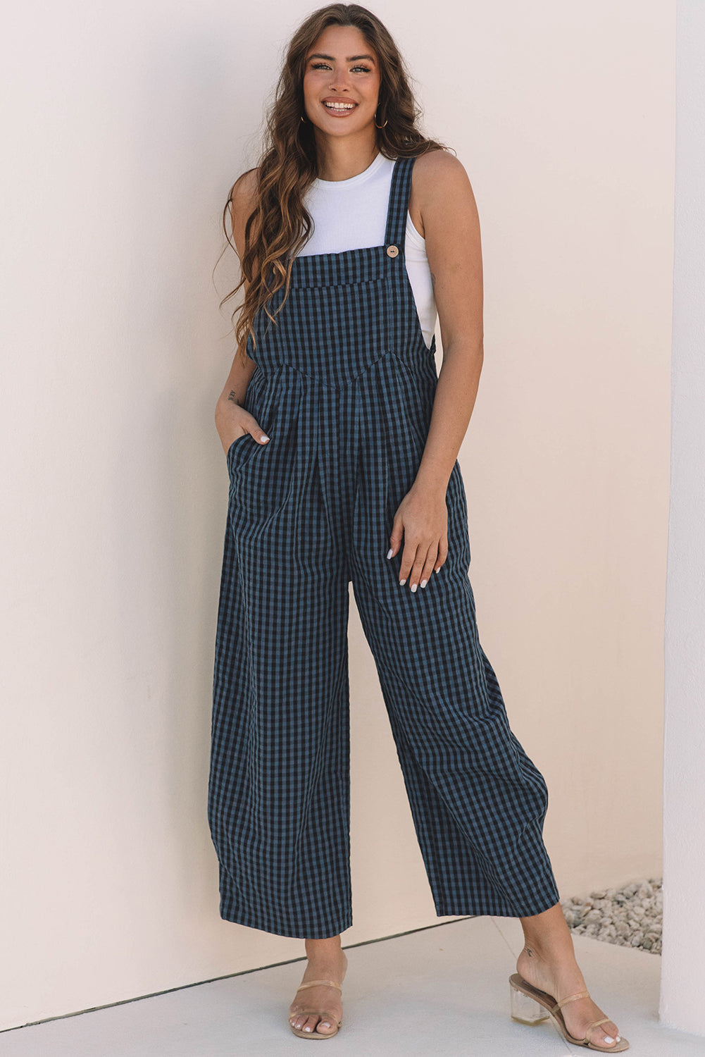 Blue Plaid Jumpsuit – Women's Pocketed Overalls Romper, Wide Leg Adjustable Summer Outfit