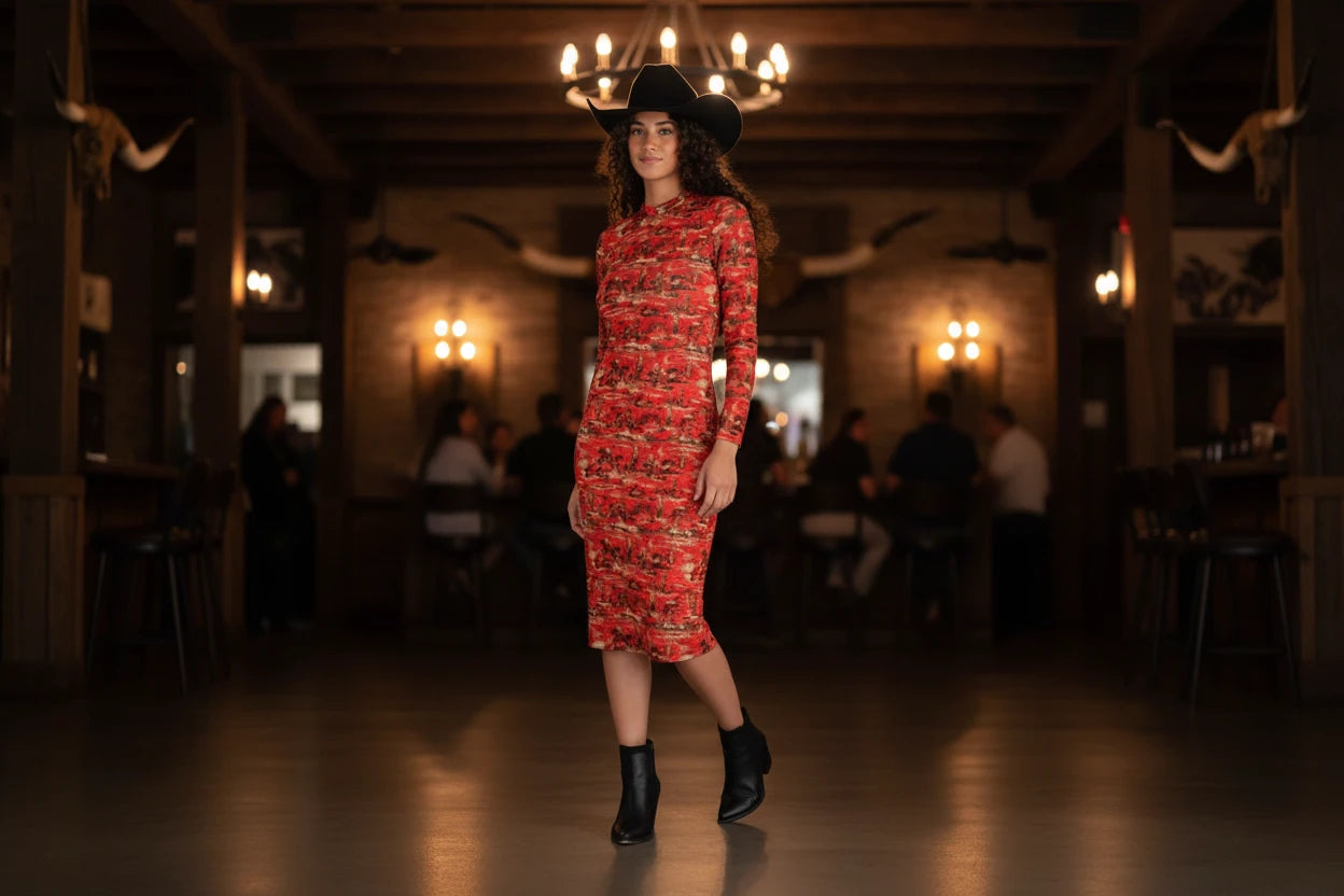 WOMEN'S COWGIRL DRESS. SHIPS FREE FROM MONTANA Red Cowboy Print Midi Dress