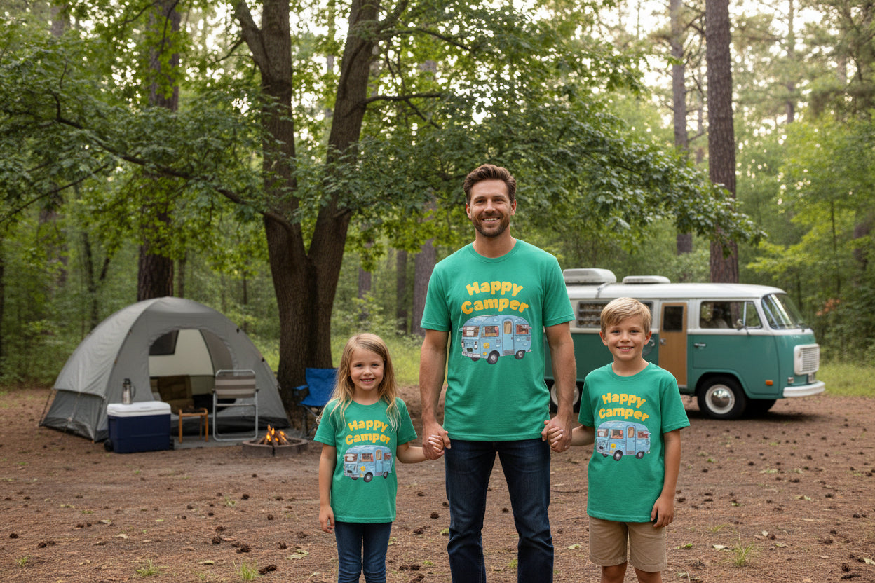 Personalized Happy Camper T-Shirt, Custom Name Camping Shirt, RV Vacation Tee, Road Trip Shirt, Matching Family Reunion Shirt, Glamping - Razels