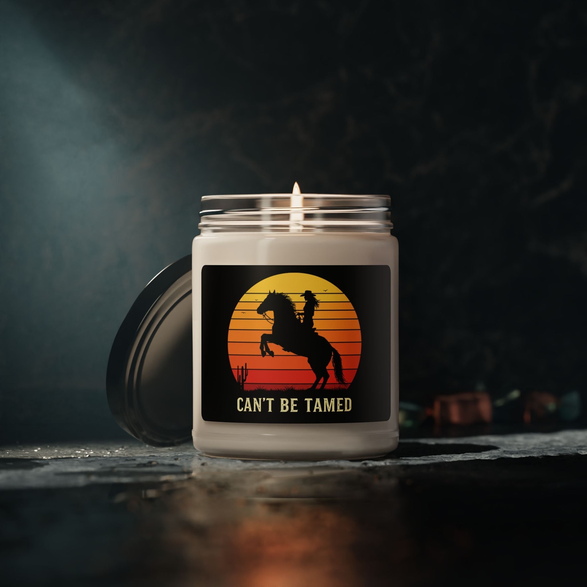 Can't Be Tamed Cowgirl Candle, Western Home Decor, Gift for Horse Lovers, 9oz Soy Candle, Cowgirl on Rearing Horse, Scented Candle - Razels