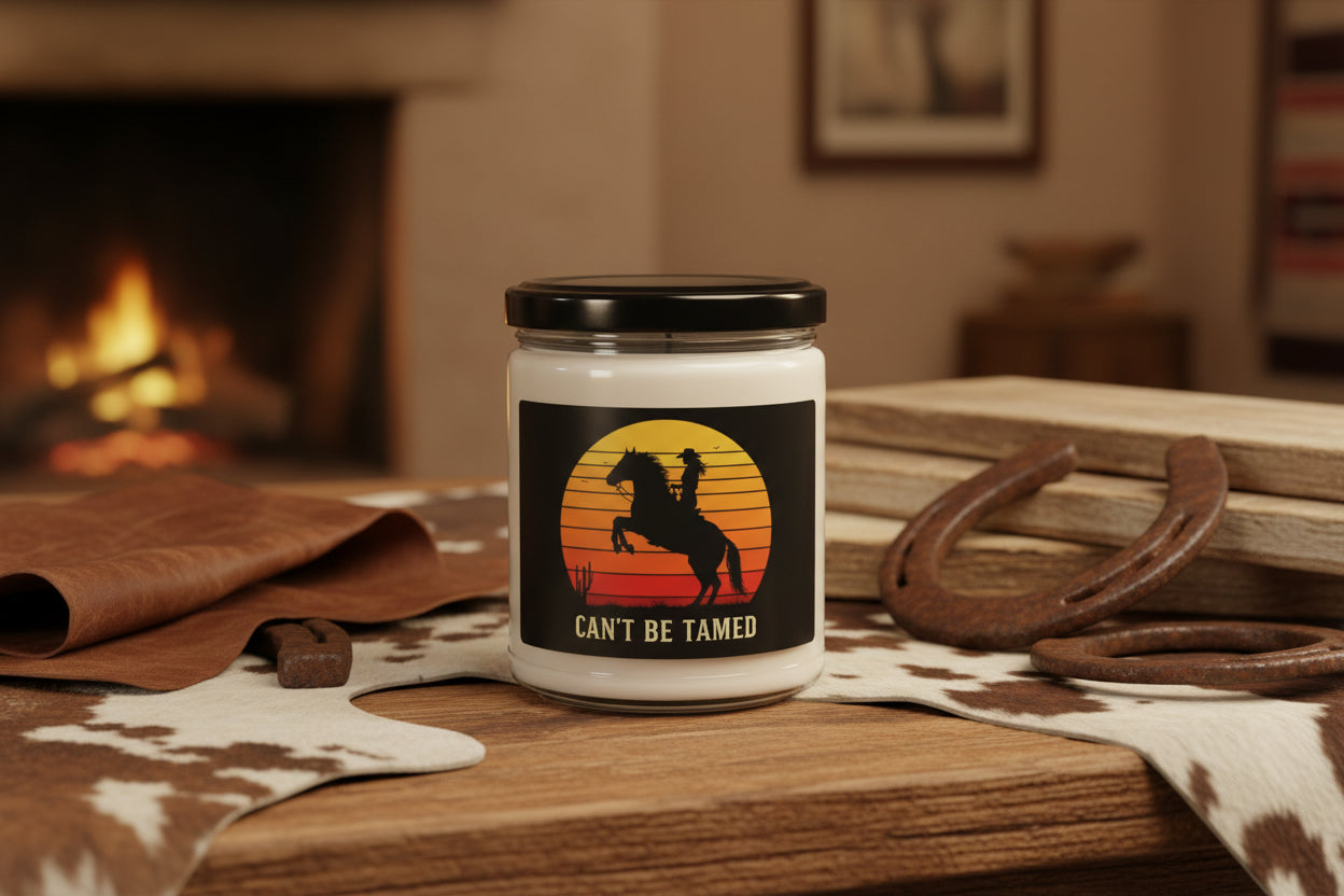 Can't Be Tamed Cowgirl Candle, Western Home Decor, Gift for Horse Lovers, 9oz Soy Candle, Cowgirl on Rearing Horse, Scented Candle - Razels