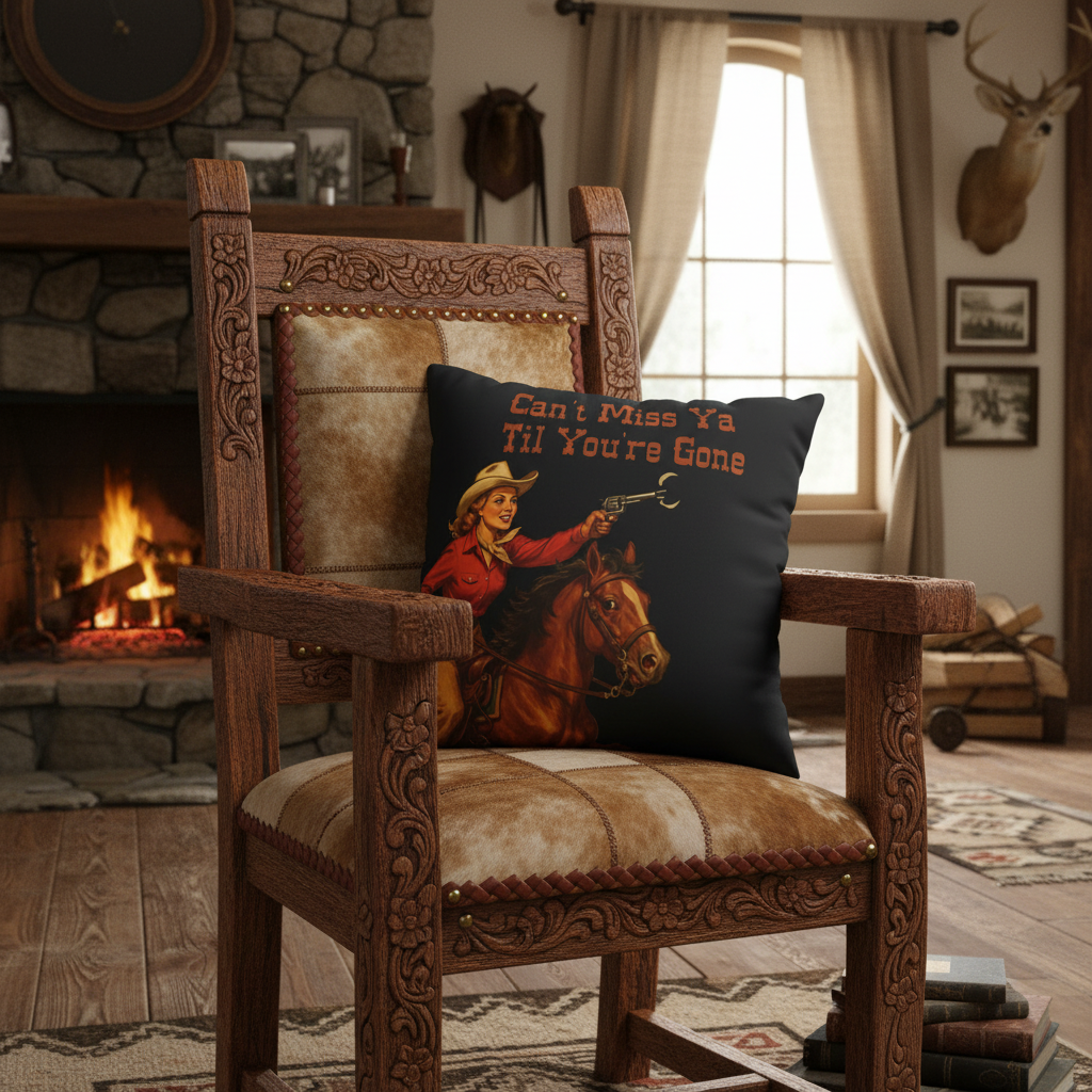 Pillow with a cowboy on a horse holding a gun and text 'Can't Miss Ya Til You're Gone' on a black background