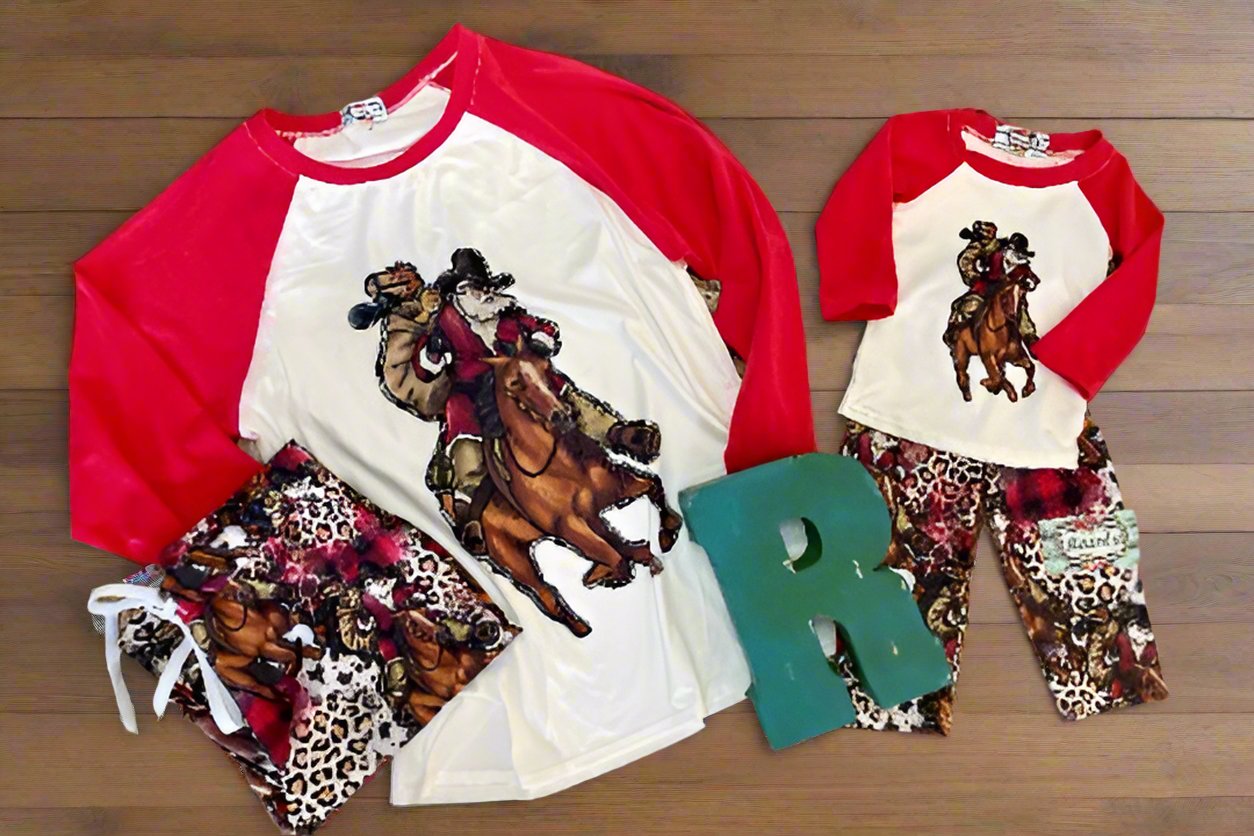 Cheetah Santa GIDDY UP Cowboy Santa Christmas Pjs / JINGLE Horse Santa Pajamas /Western Christmas Pajamas - Razels