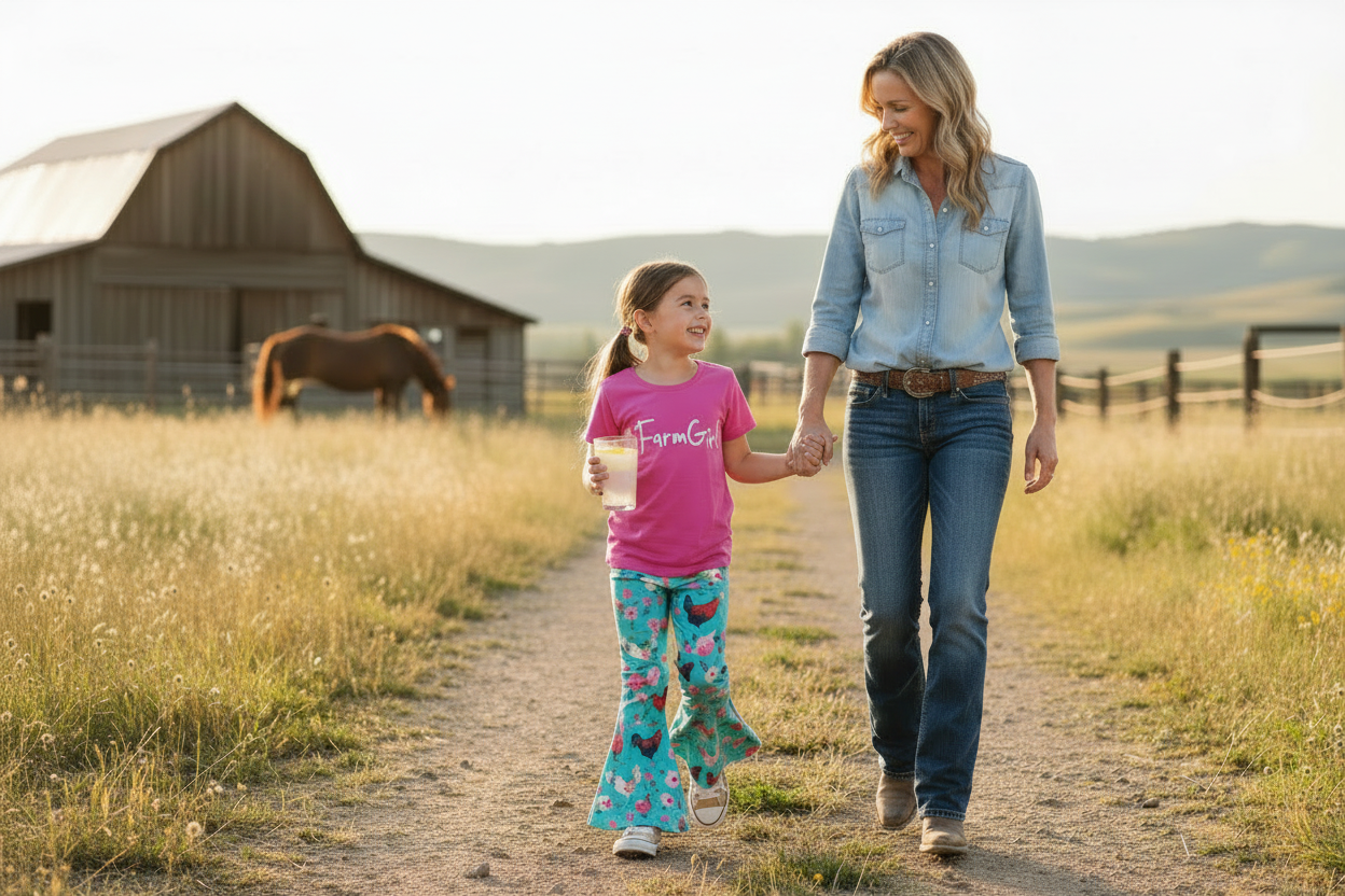 girll walking with mom wearing Pink '#FarmGirl' t-shirt and teal floral pants with chicken design