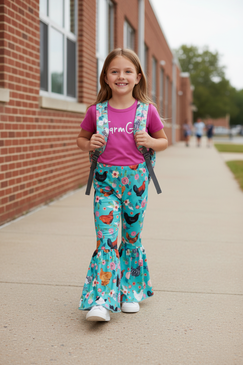 GIRL AT SCHOOL WEARING Pink '#FarmGirl' t-shirt and teal floral pants with chicken BELL BOTTOMS
