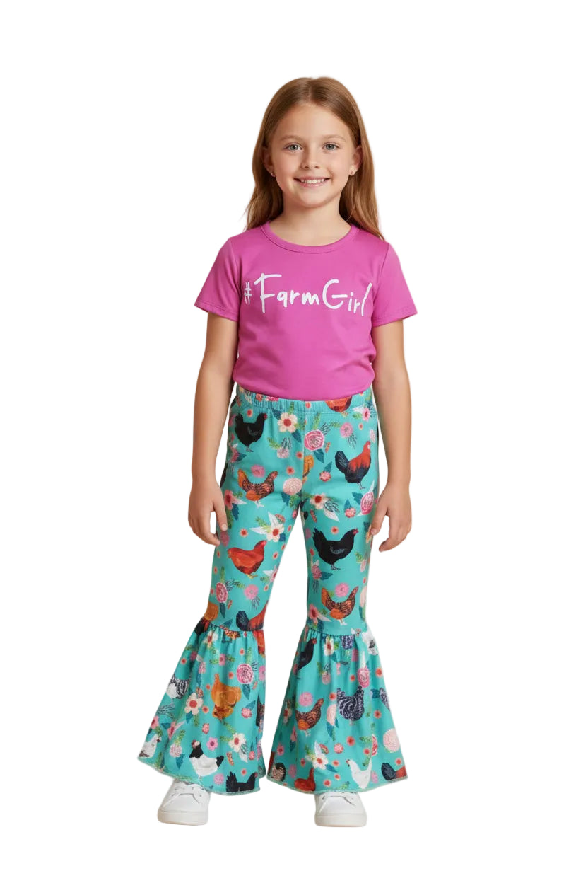 Pink '#FarmGirl' t-shirt and teal floral pants with chicken design on a white background