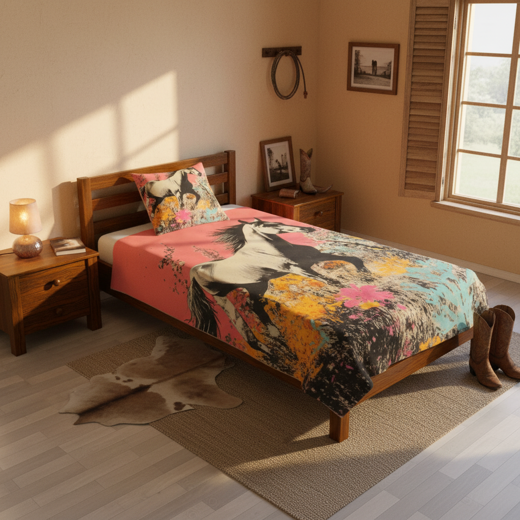 colorful horse throw blanket and throw pillow