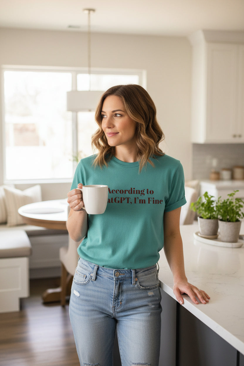 Teal t-shirt with text 'According to ChatGPT, I'm Fine' on a white background