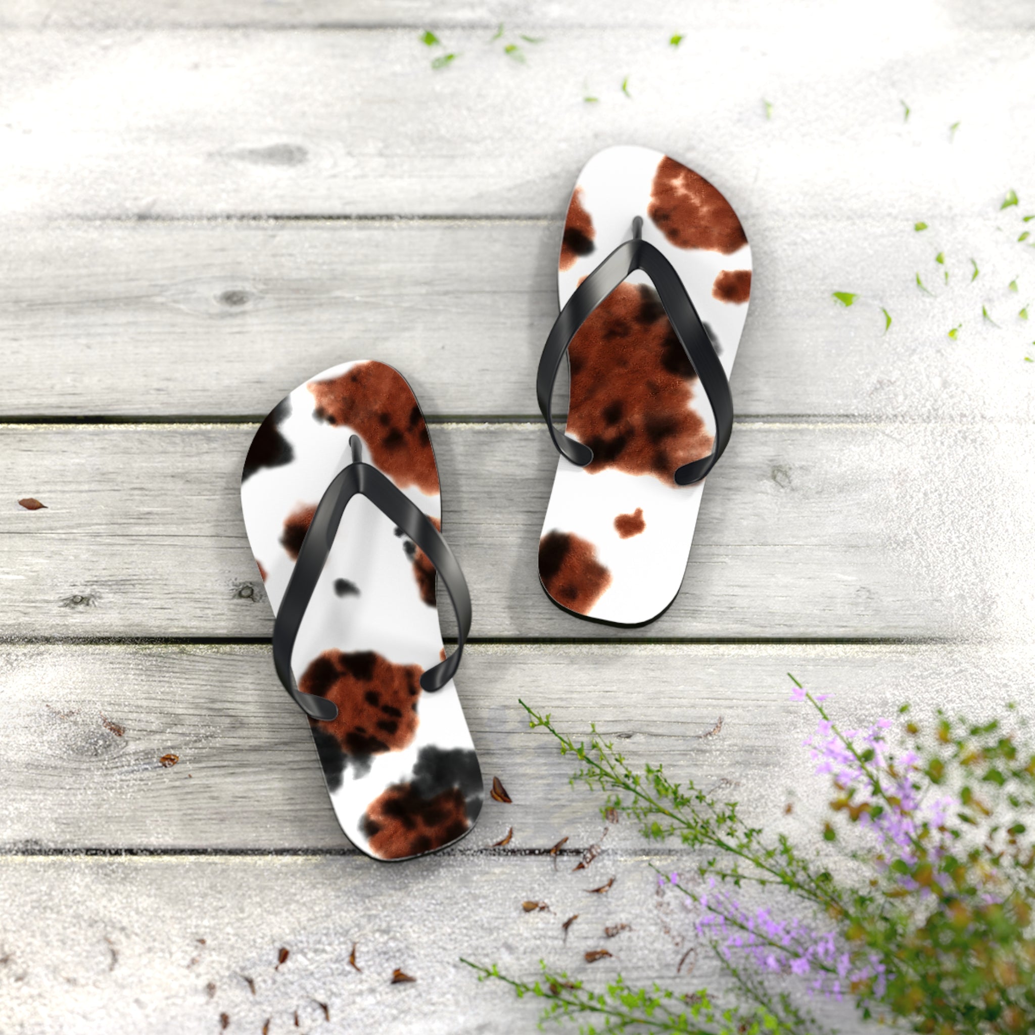 Cow Print Flip Flops – Brindle Cowhide Cowgirl Sandals, Summer Vacation Shoes, Western Print Flipflops for Beach, Pool, or Rodeo Trips - Razels