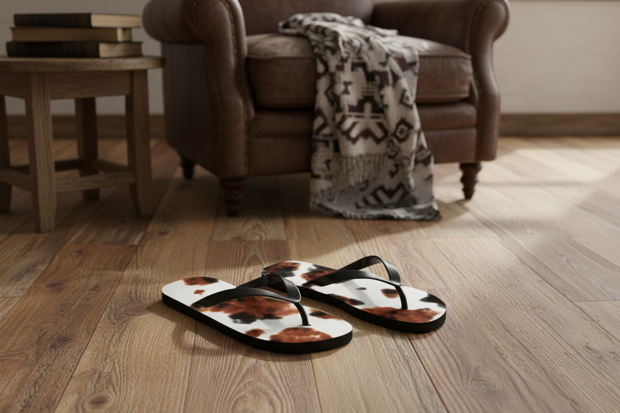 Cow Print Flip Flops – Brindle Cowhide Cowgirl Sandals, Summer Vacation Shoes, Western Print Flipflops for Beach, Pool, or Rodeo Trips