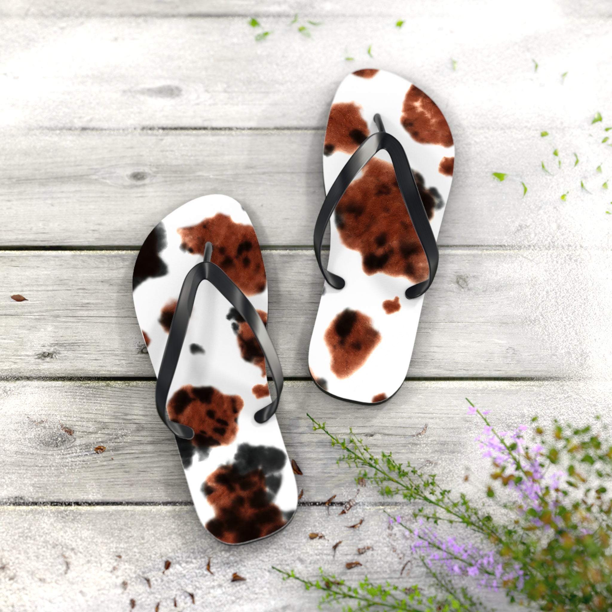 Cow Print Flip Flops – Brindle Cowhide Cowgirl Sandals, Summer Vacation Shoes, Western Print Flipflops for Beach, Pool, or Rodeo Trips - Razels