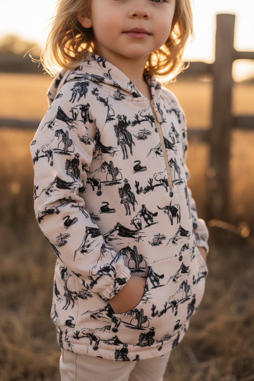 closeup of girl wearing Kids Vintage Cowboy Pullover, Western Quarter Zip Hoodie, Rodeo Sweatshirt with hands in pocket. print shows cowboys doing all the cowboy things - roping, riding, cacti, snakes, mountains