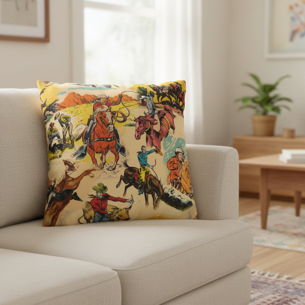Decorative pillow with vintage-style cowboy scene on a white background