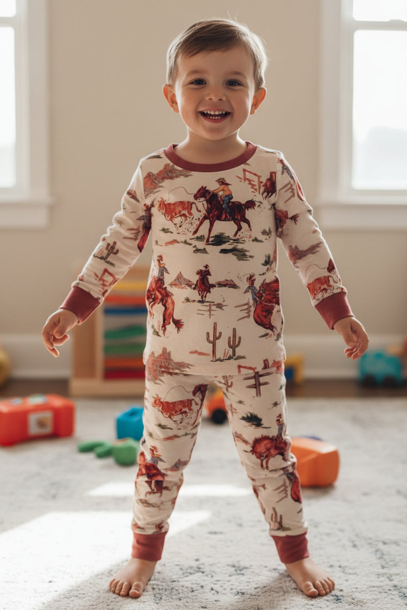 Kids Cowboy Pajamas are a Razels exclusive—featuring a vintage-style Western print with bucking broncos, roping cowboys, and rodeo action galore!
✓ Vintage Rodeo-Inspired Print – broncs, lassos, and cowboy flair
✓ Super Soft Cotton-Spandex Blend – c