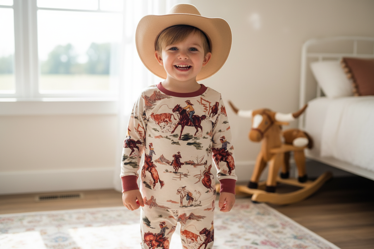 Child wearing cowboy-themed pajamas and hat in a bedroom
