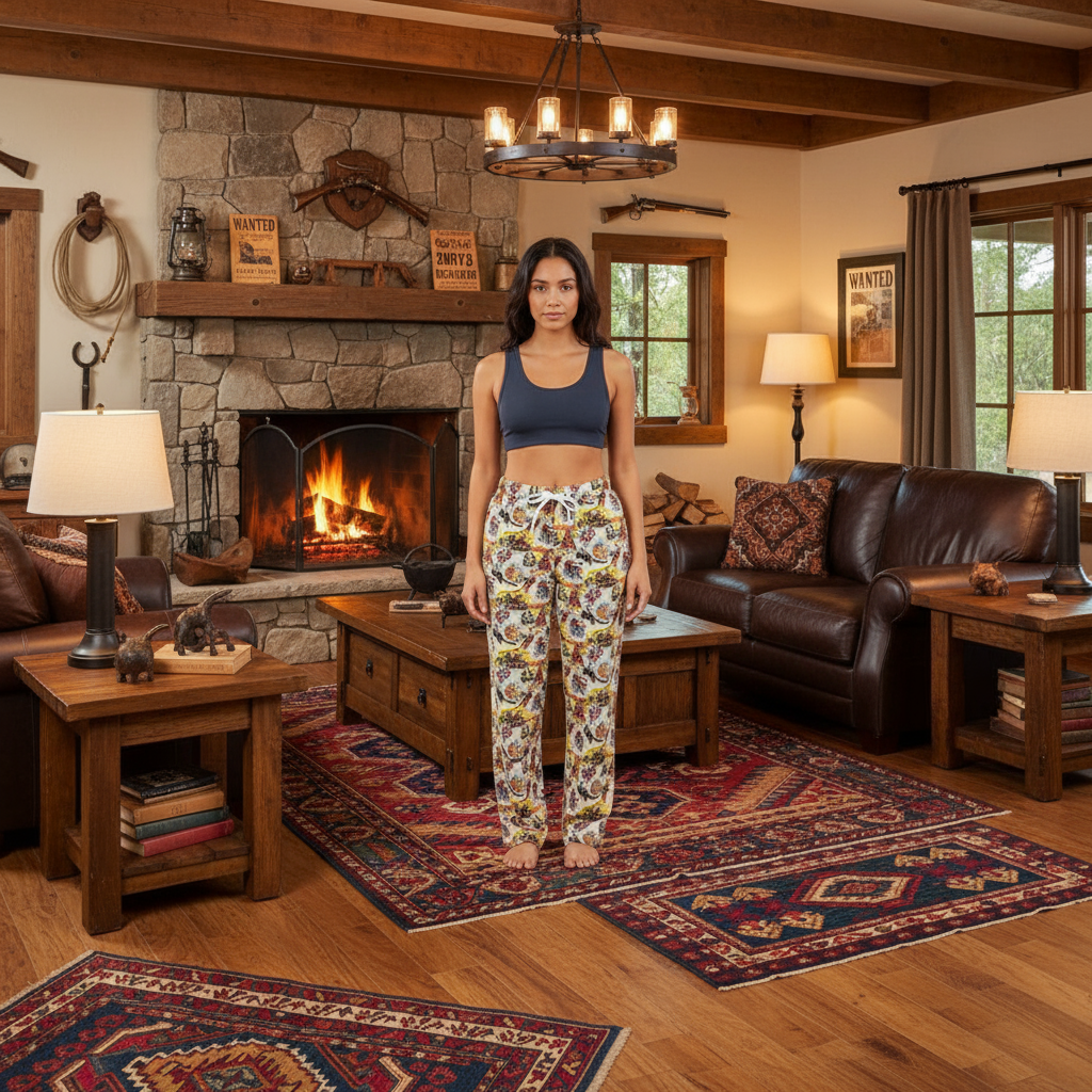 Woman standing in a cozy living room with a fireplace and wooden furniture.