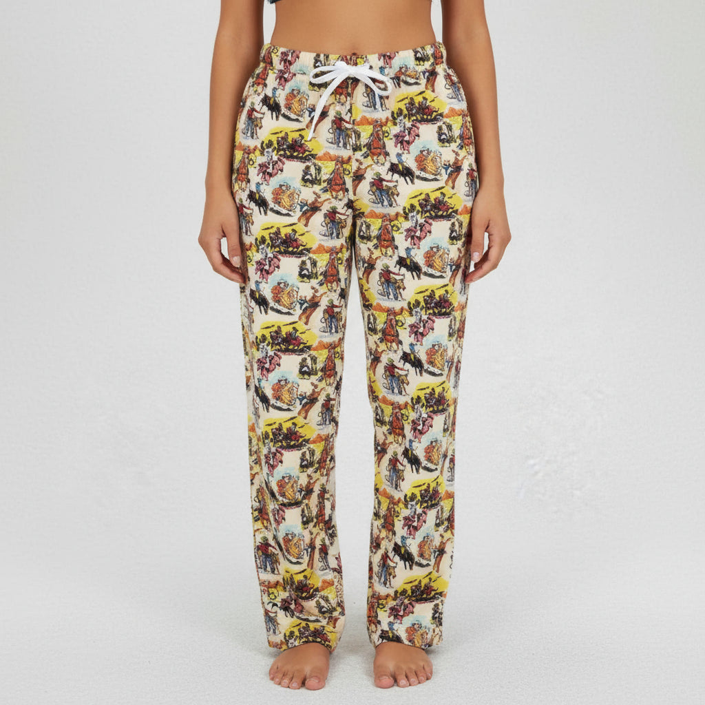 Colorful pajama pants with a pattern on a light gray background