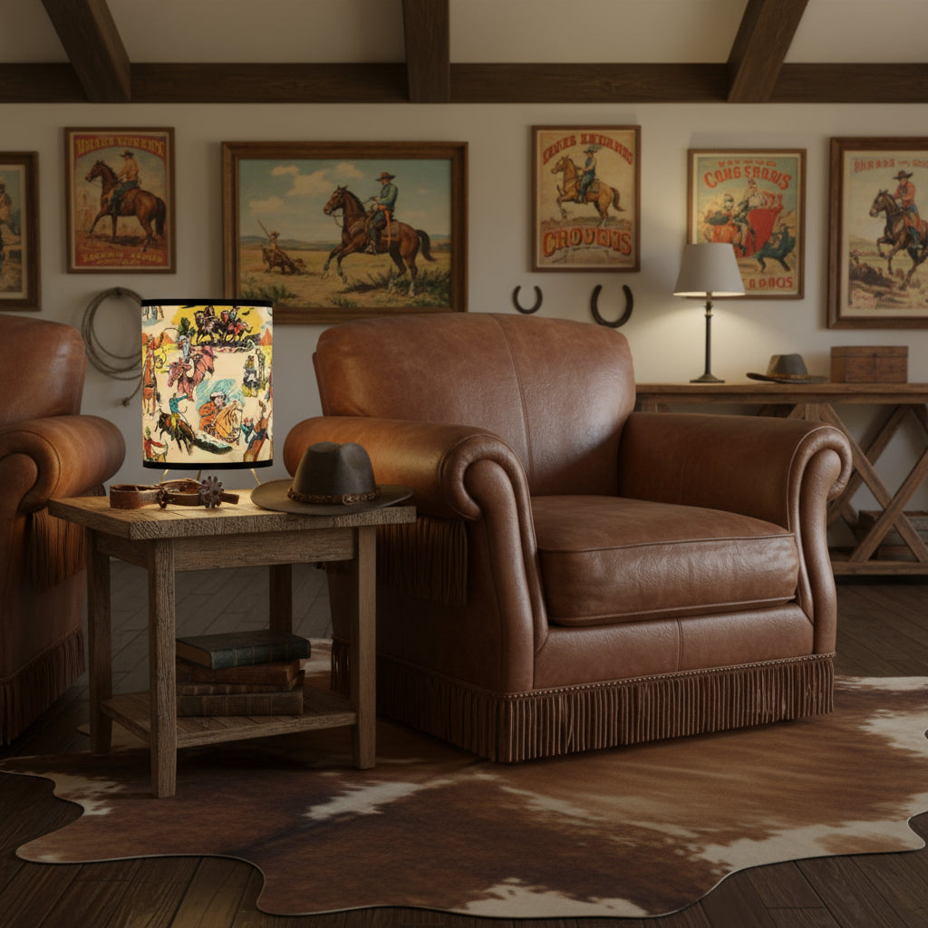 Table lamp with cowboy design on a wooden table against a green wall with shelves.