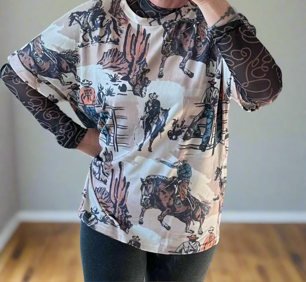 cowboy tshirt for womenlayered with rodeo mesh