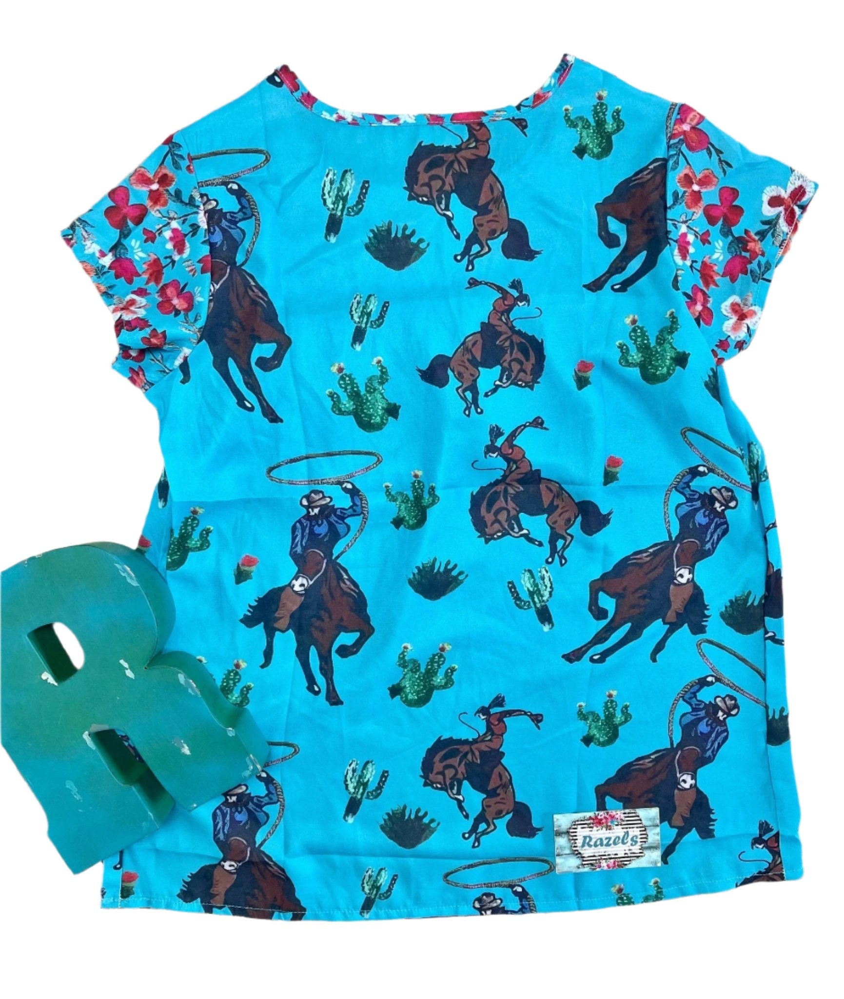 Cowgirl Blouse, Western Woman Turquoise and Floral Top - Razels