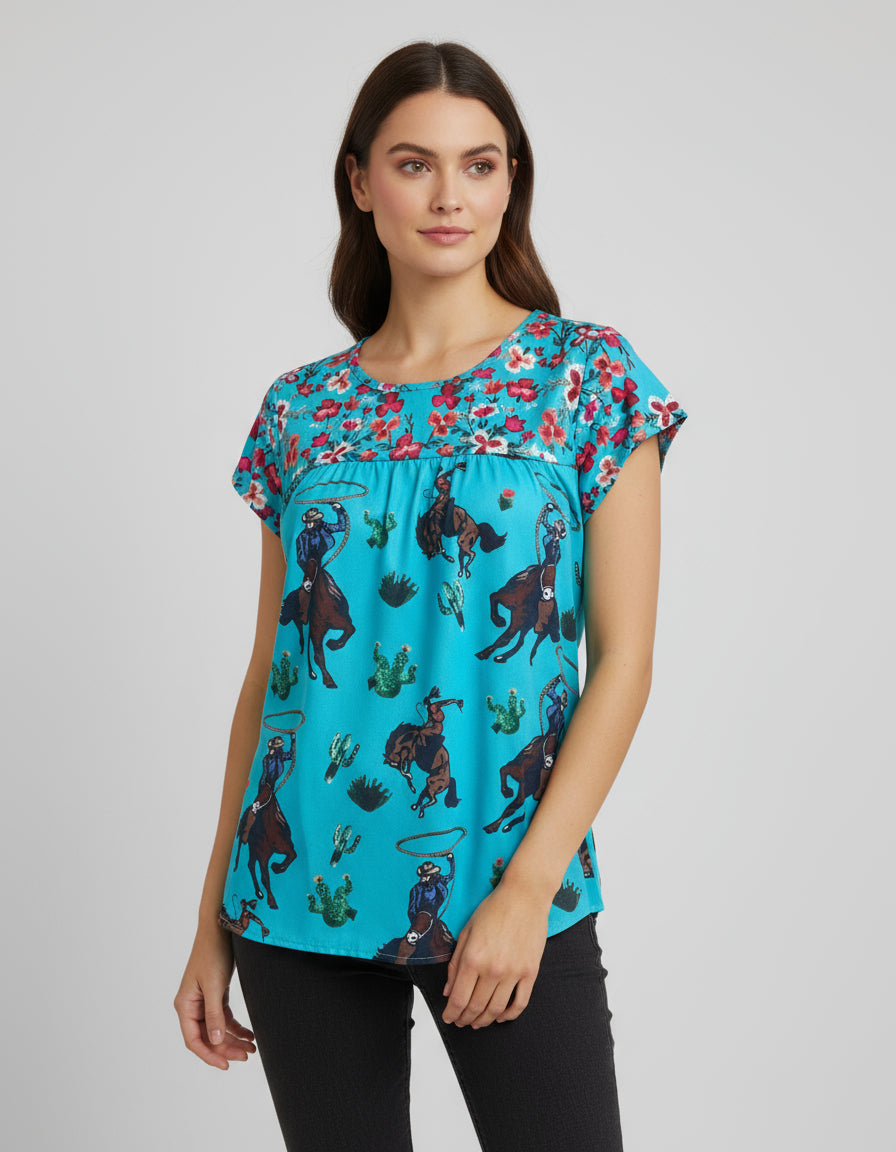Cowgirl Blouse, Western Woman Turquoise and Floral Top - Razels