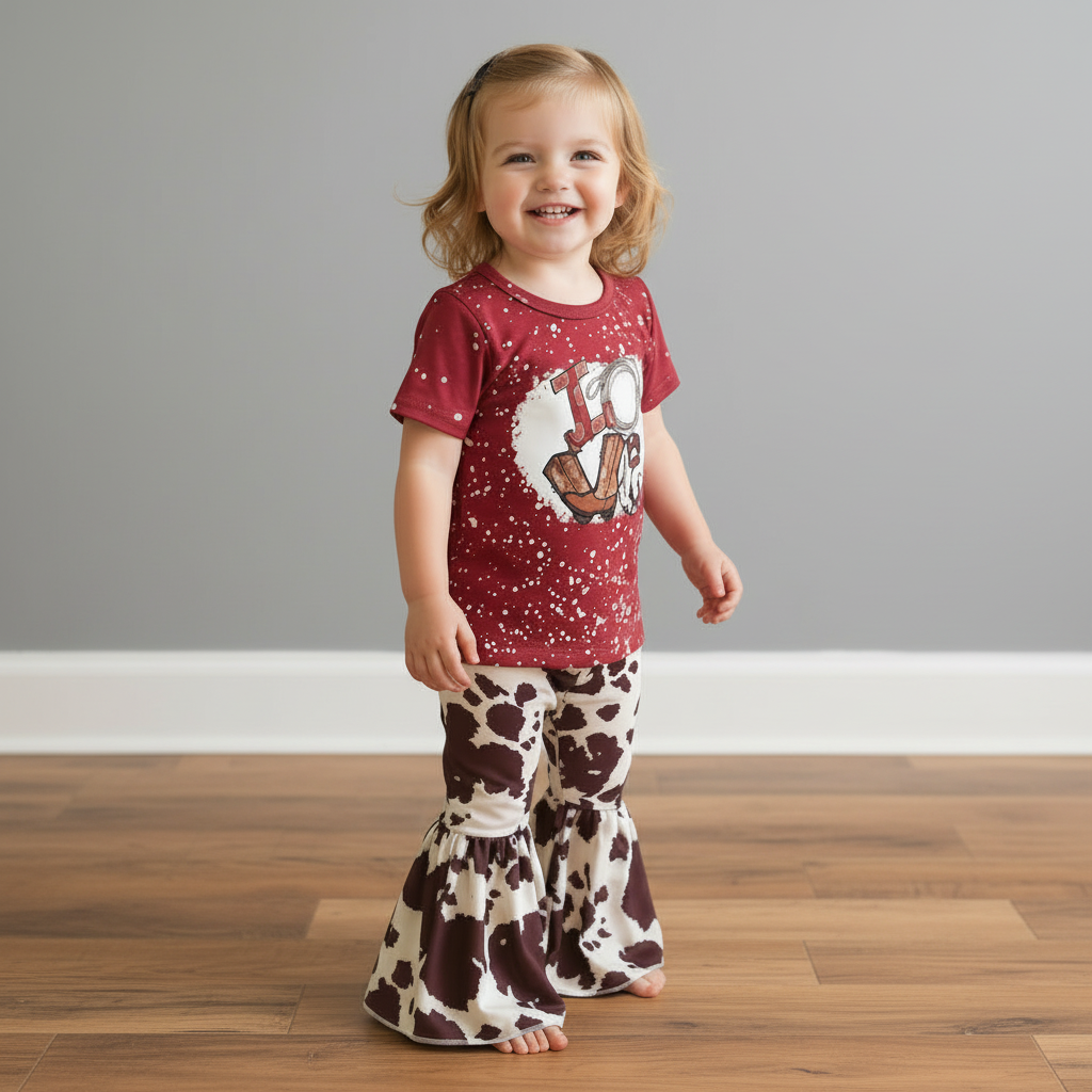 TODDLER GIRL WEARING love cowprint bell bottom outfit