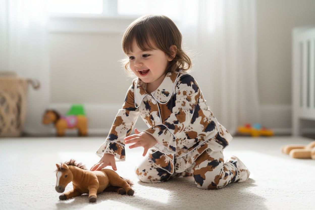 🐮 Cowprint Kids Pajamas – Western Ruffle Lounge Set
Oh my stars — these Cowprint Pajamas are the cutest thing sin9ce cowboy boots on a baby! 🤎 Cozy, stretchy, and full of Western flair, this two-piece set is perfect for bedtime cuddles, fall photos, or Christmas morning with the family.
✓ Soft + stretchy for easy movement
✓ Button-front top with ruffle trim
✓ Matching ruffle-hem pants
✓ Cute brown + black cowprint on creamy background