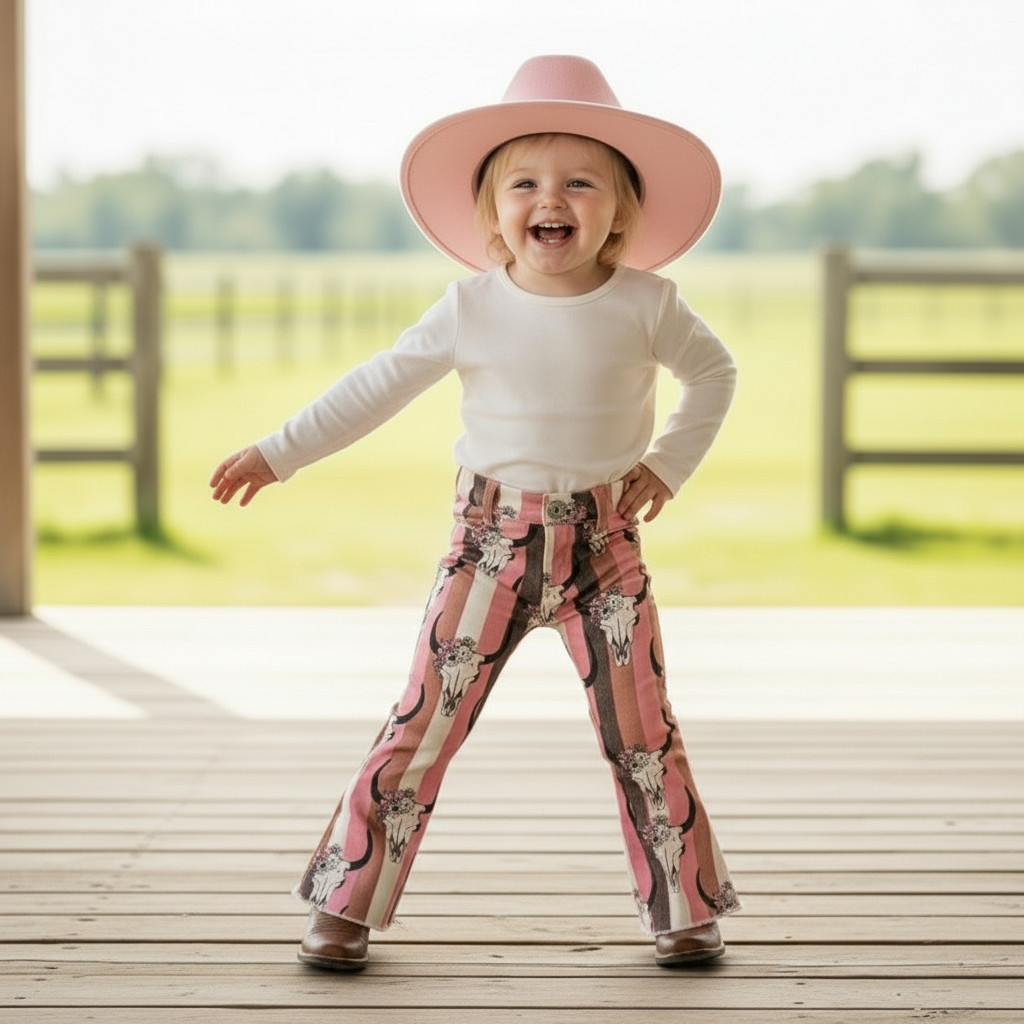 Flared pants with bull skull pattern on a textured white background