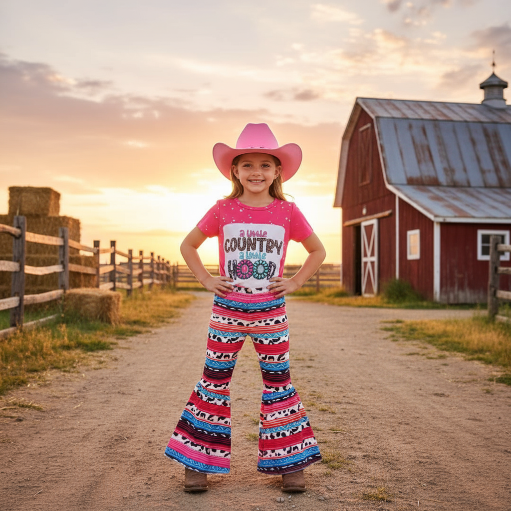 Pink t-shirt with text and colorful patterned pants on a textured white background