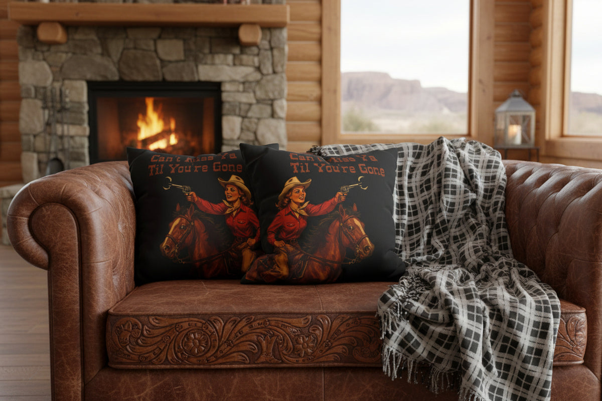 set of cowgirl throw pillows on western couch