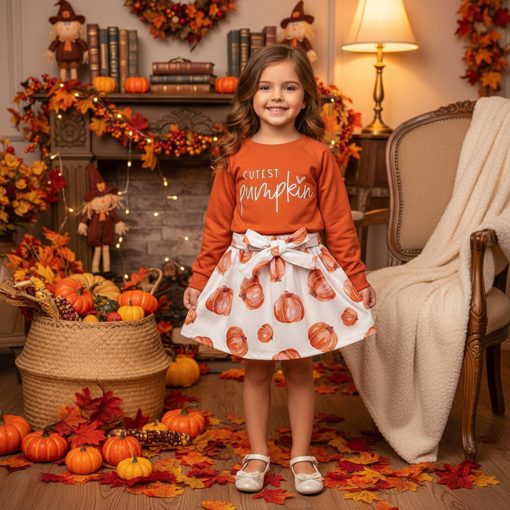 Girls “Cutest Pumpkin” Fall Outfit – Orange Long Sleeve Top & Pumpkin Skirt Set | Thanksgiving Outfit | Sizes 12–18 Months to 7/8
