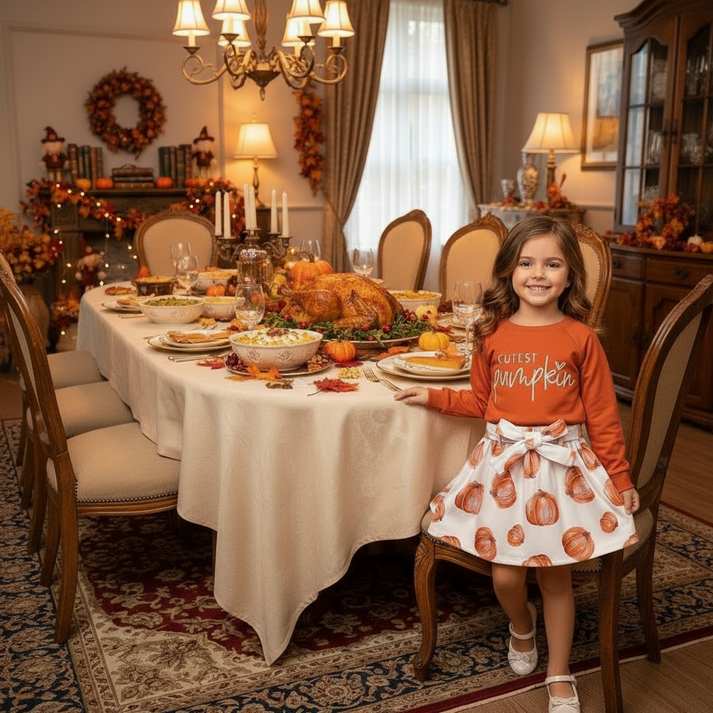 Young girl in a thanksgiving outfit with pumpkins and leaves in a decorated room.