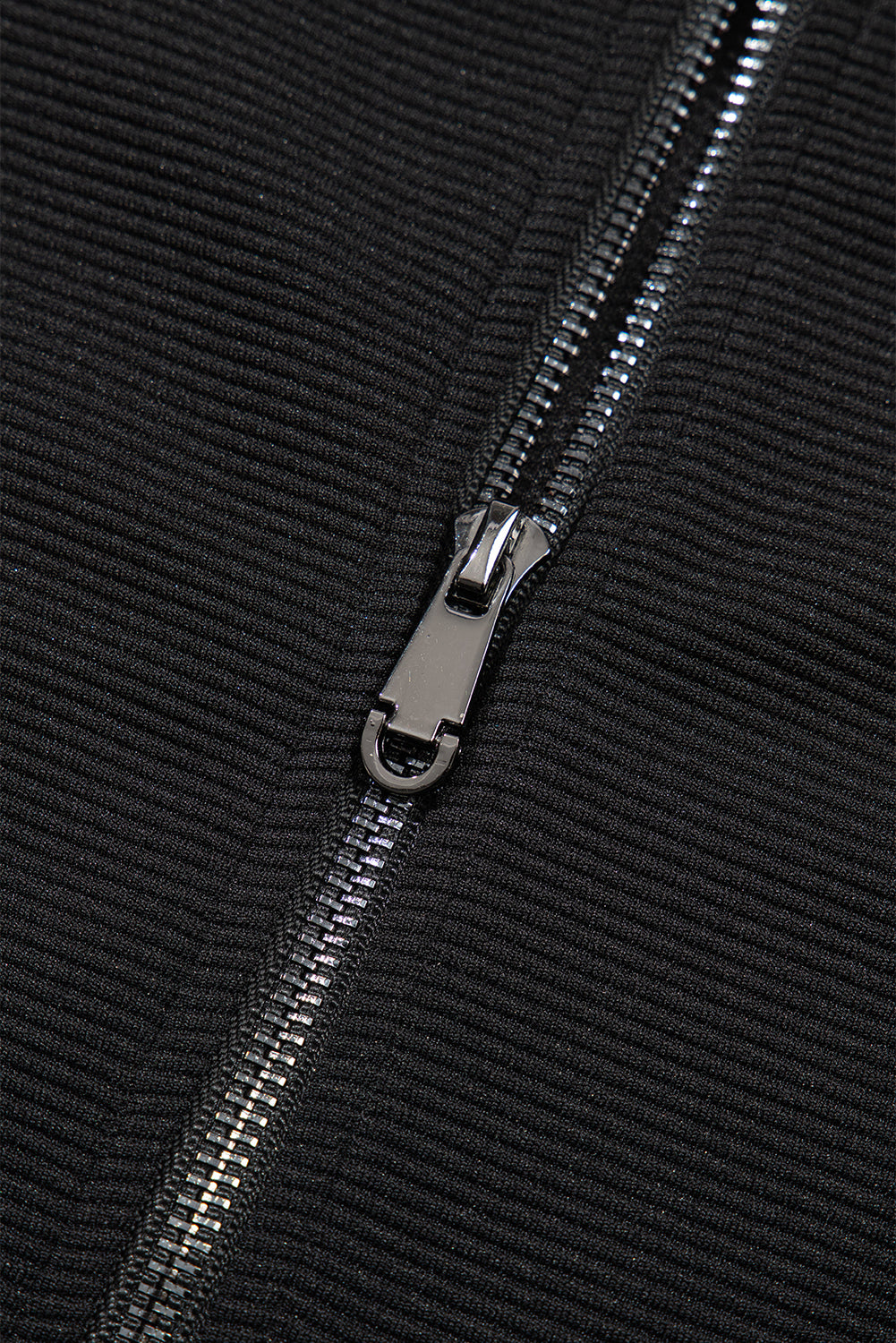 BlackTextured Ruffle Sleeve Two-Piece Set | Zipper Neck Top & Solid Color Pants