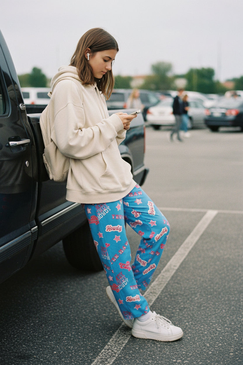 Disco Cowgirl Pajama Pants – Periwinkle Yeehaw Dreams 💫🤠
✅ Soft, lightweight 100% polyester jersey knit
✅ Relaxed, flowy fit that moves with you
✅ Fun all-over print in vibrant periwinkle + bold Western phrases
✅ Elastic waistband with black drawstring for the perfect fit
✅ Tagless and comfy with a sewn-in care label
✅ Made to order in 3 days, ships in 2–5 days